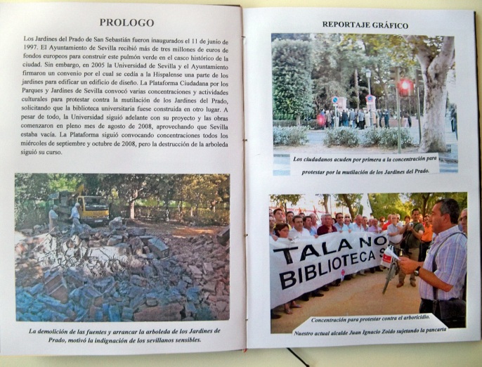 En estas imágenes, podemos ver cómo quedaron las fuentes demolidas, la primera concentración y , al actual alcalde de Sevilla, portando la pancarta: "TALA NO BIBLIOTECA SÍ.